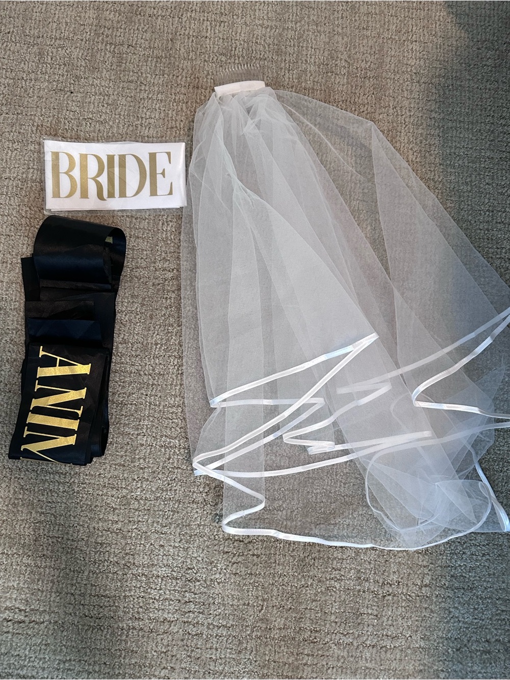 White Bridal Veil with 'Bride' and Black 'ANNY' Sashes